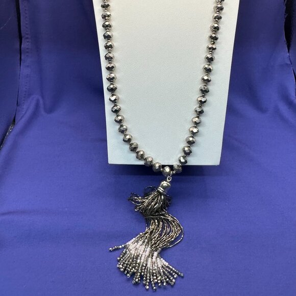 Chico’s Long 32” Pewter Beaded Tassel Necklace.  With Original Tag - Picture 9 of 16